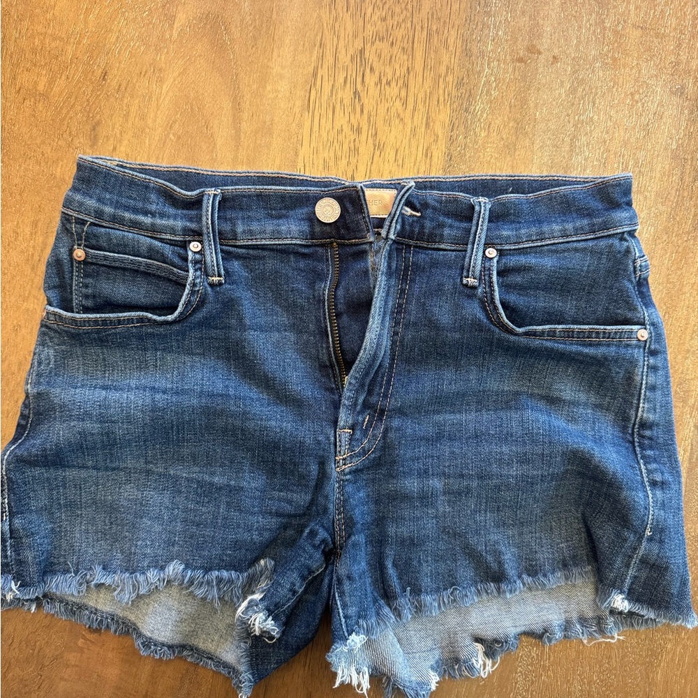 MOTHER Blue Jean Shorts with Distressed Hem
